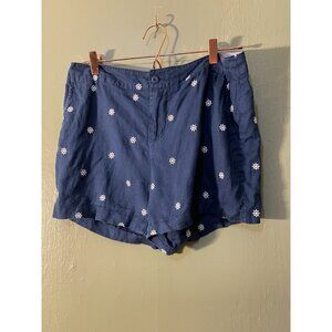 British Khaki Blue Sailor Helm Shorts Women Size 8 100% Embroidered Linen Shorts